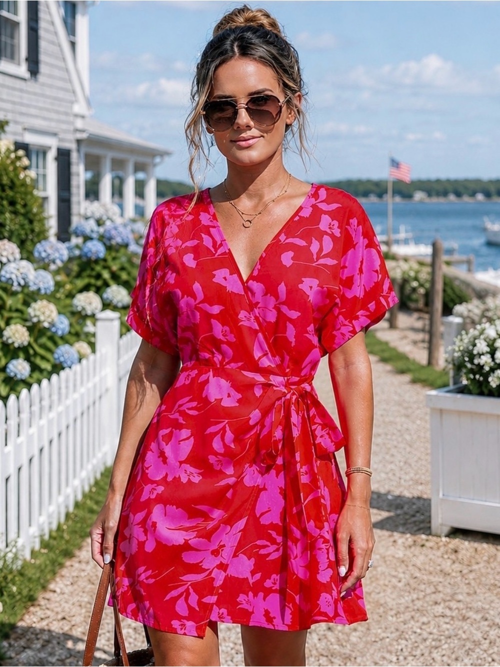 CUPSHE Pink Floral Side Tie Wrap Mini Dress